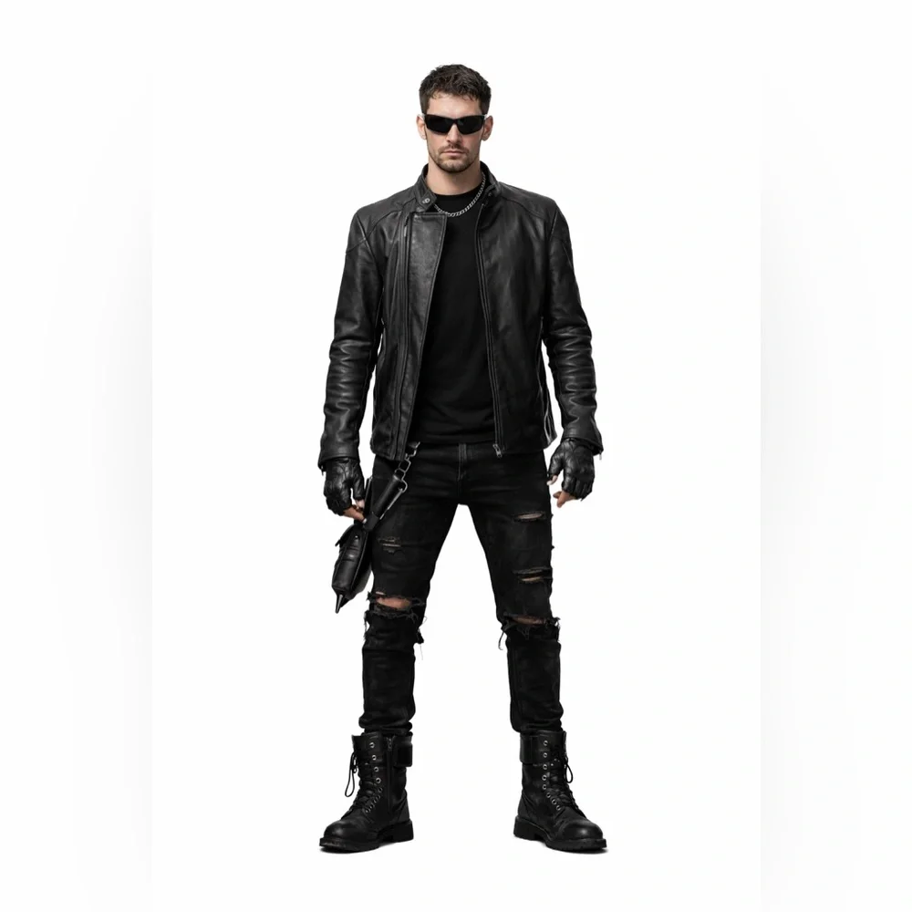 Murano Luxury Lambskin Leather Moto Jacket - Black - Men’s Size Large